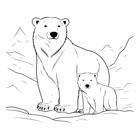 Polar bear with cub. Black and white vector illustration for col