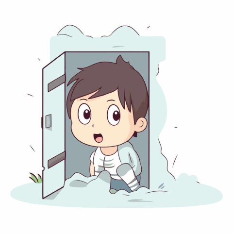 cute little boy coming out of door cartoon vector illustration g