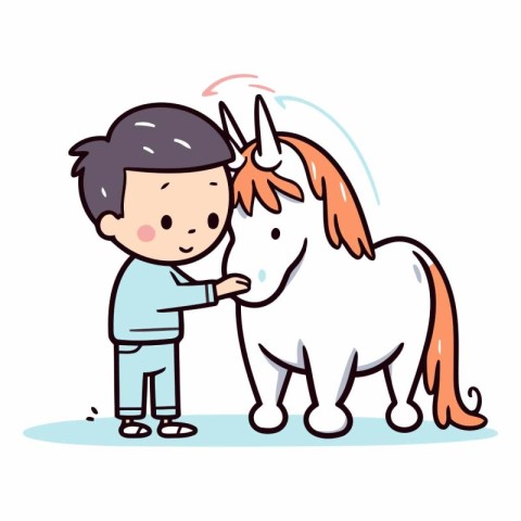 Cute little boy and white unicorn in cartoon style.