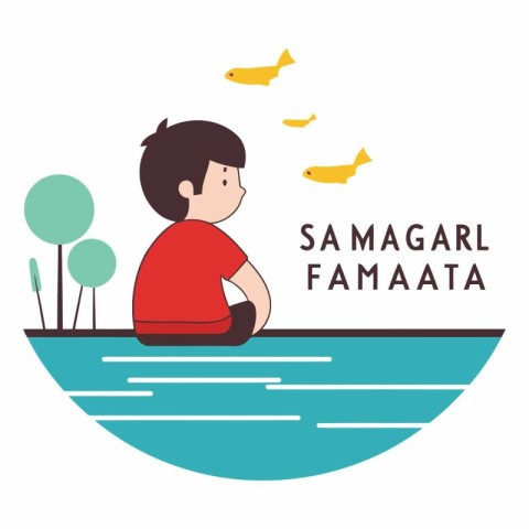 Vector illustration of a boy sitting on the seashore and fishing