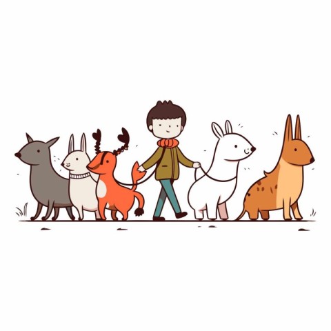 Vector illustration of little boy walking with dogs. Cute cartoo