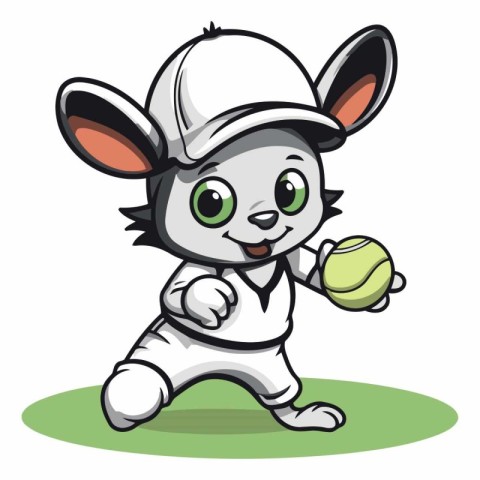 Cute cartoon mouse playing tennis isolated on white background.