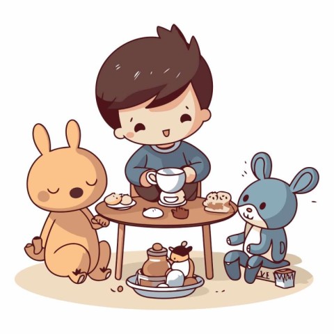 Cute little boy and his teddy bears having breakfast.