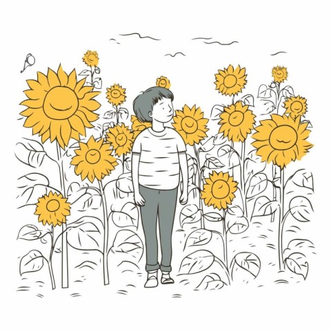 Vector illustration of a woman standing in a field of sunflowers