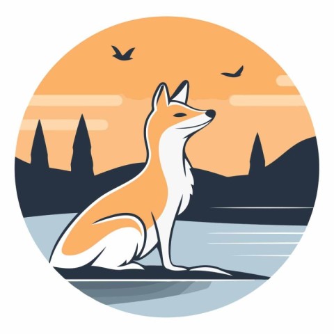 Cute fox sitting on the bank of the river