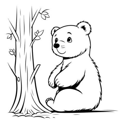 Cute cartoon bear sitting on a tree for coloring book.