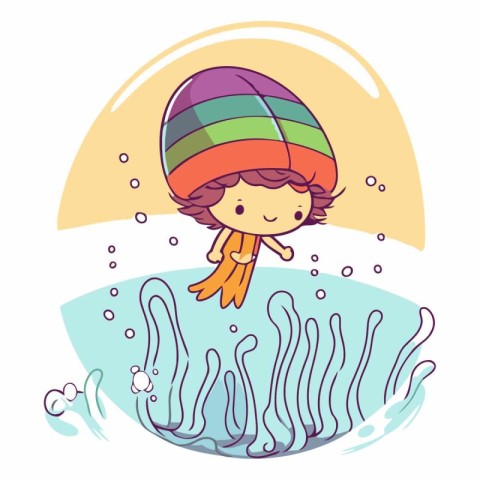 Cute little girl in a hat and scarf swimming in the sea