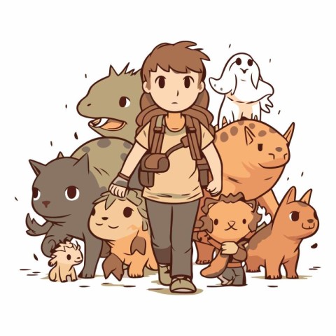 Vector illustration of a young boy with a backpack and a group o