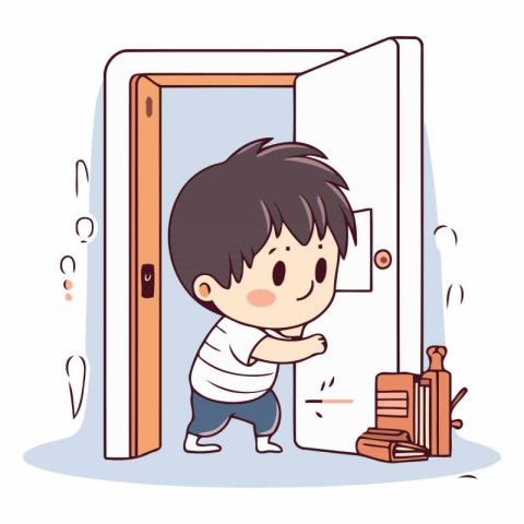 Boy coming out of the door in cartoon style.