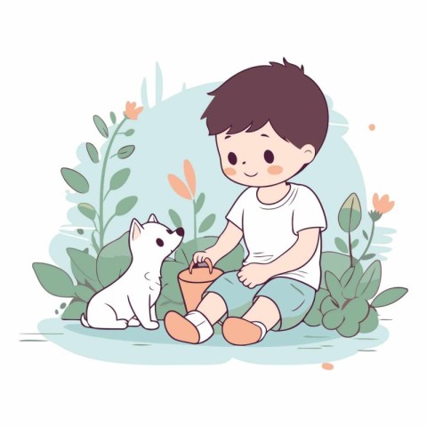 Cute boy playing with his dog in the garden.