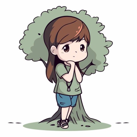 Illustration of a Kid Girl Posing in Front of a Tree