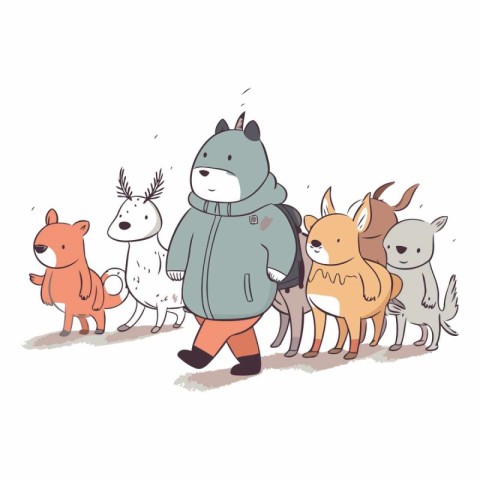 Vector illustration of a cute cartoon dog walking with a group o