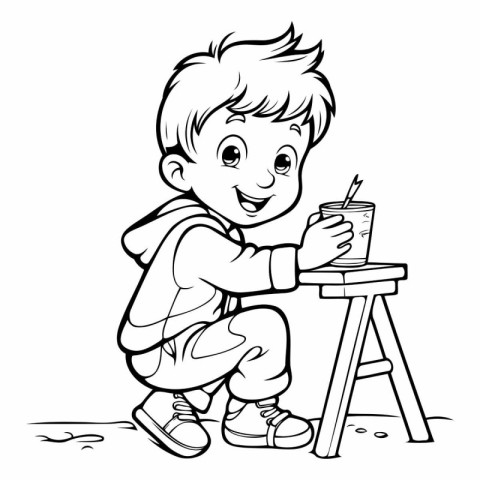 Black and White Cartoon Illustration of Kid Boy Drinking Coffee