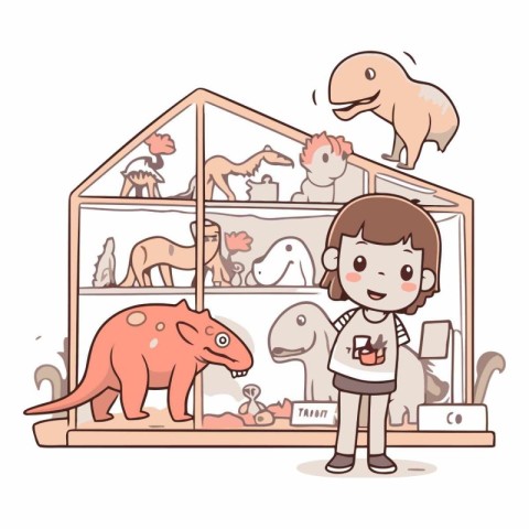 Vector illustration of a boy looking at dinosaurs in a glasshous