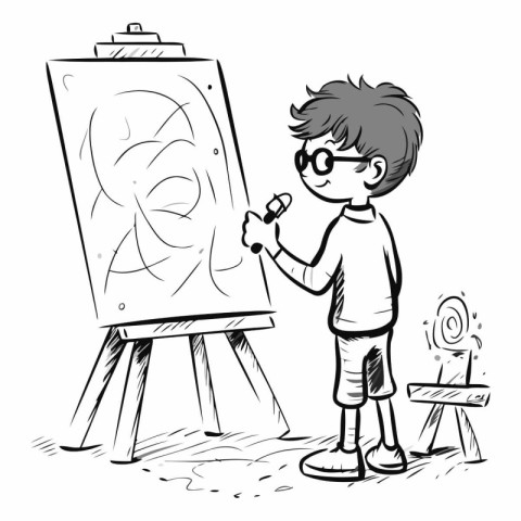 Boy drawing on the easel. Black and white vector illustration.