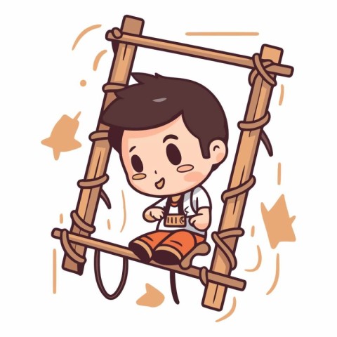 Boy playing on a wooden swing in cartoon style.