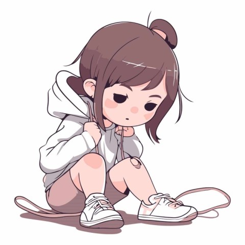 Illustration of a Cute Little Girl Sitting on the Floor and Look