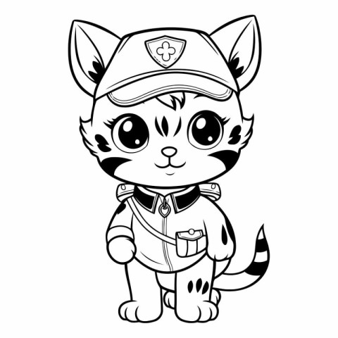 Black and white vector illustration of a cute cat in a military