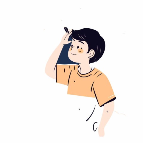 Vector illustration of a boy in a t-shirt with a phone in his ha