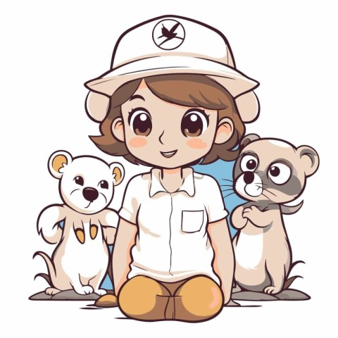 Illustration of a Little Girl and Her Animals on a White Backgro