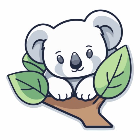 Cute cartoon koala on a branch with leaves.