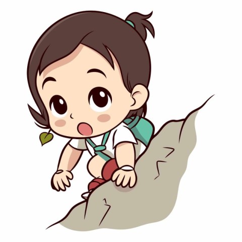 Cute little girl climbing a cliff on white background.