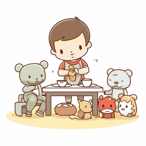 Little boy playing with teddy bears at the table.