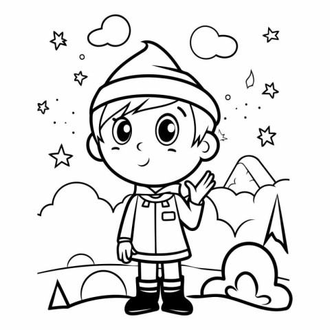 Black and White Cartoon Illustration of Kid Boy Celebrating Chri