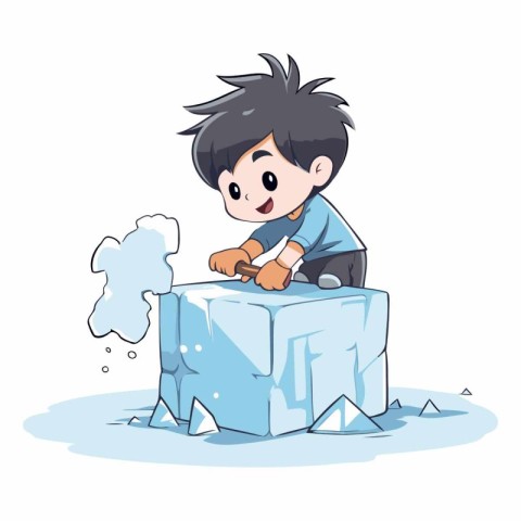 Illustration of a boy sitting on an ice cube and trying to catch