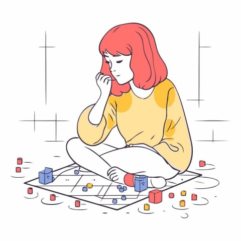 Girl playing board games in doodle style.