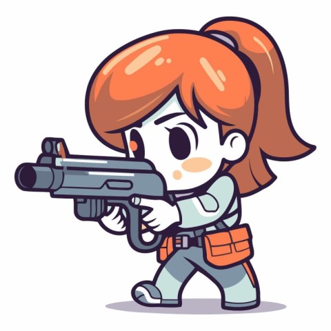 Girl with gun on white background in cartoon style.