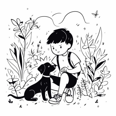 Boy with dog in the garden in doodle style.