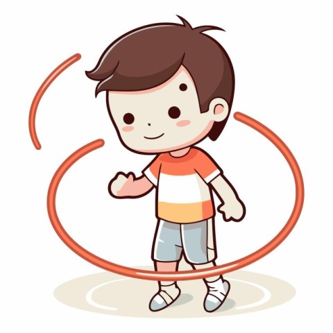 Boy playing with hula hoop on white background.