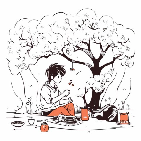 Vector illustration of a boy in the park. reading a book. drinki