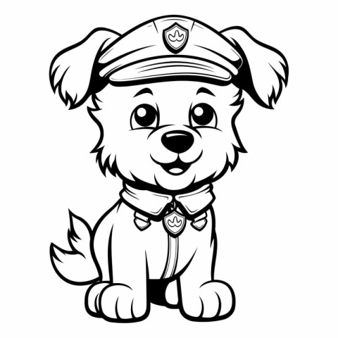 Cute Cartoon Puppy Police Dog - Black and White Vector Illustrat