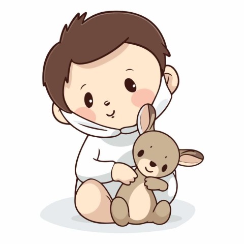 baby boy with bunny and teddy bear cartoon vector illustration g