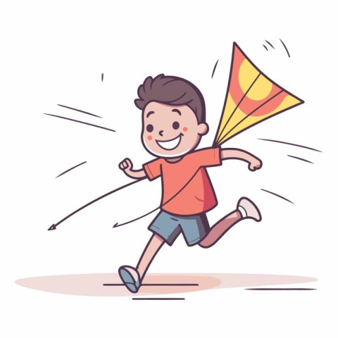 Cute boy running with kite in cartoon style