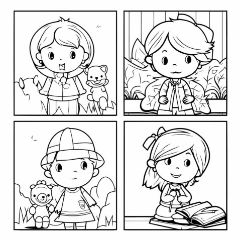 Outline Illustration of Kids Studying and Learning Coloring Book