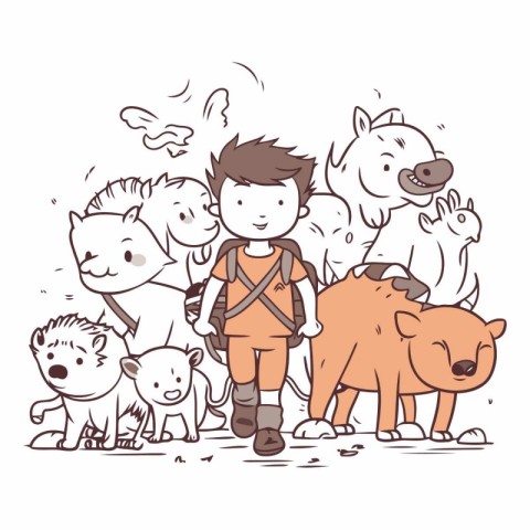 Vector illustration of a boy with a backpack and a group of wild