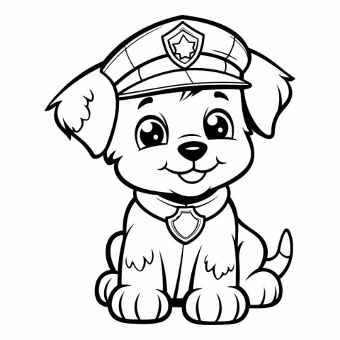 Black and White Cartoon Illustration of Cute Puppy Police Dog Co