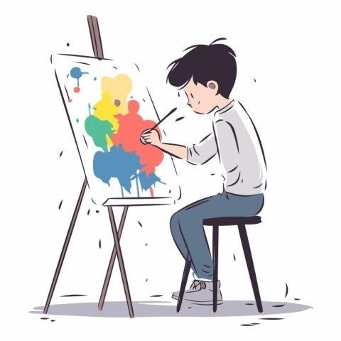 Illustration of a young man painting on a canvas