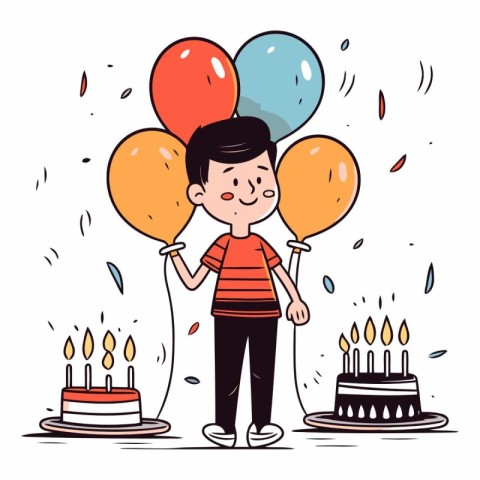 Boy with balloons and cake in a flat style.