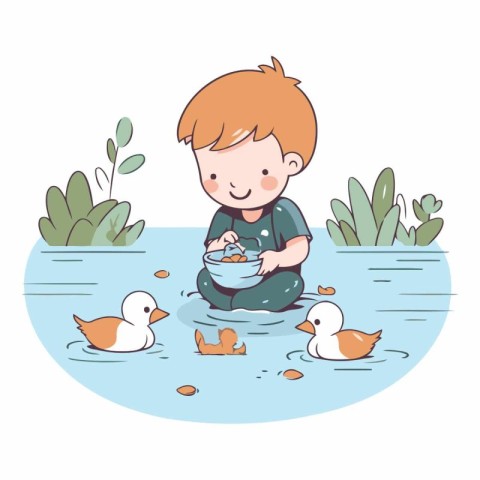 Cute little boy playing with ducklings in the water.