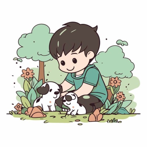 Boy playing with dog in the garden of a child playing with a pet