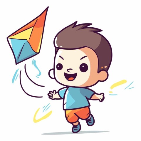 Cute little boy running with flying kite.