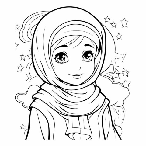 Cute muslim girl in hijab for coloring book.