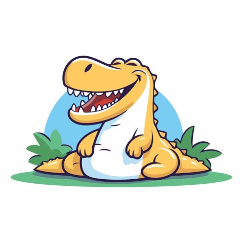 Cute cartoon crocodile on the grass isolated on white background