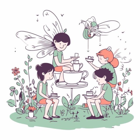 Vector illustration of a girl and a boy in the garden drinking t