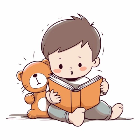 Cute boy reading a book with a teddy bear.