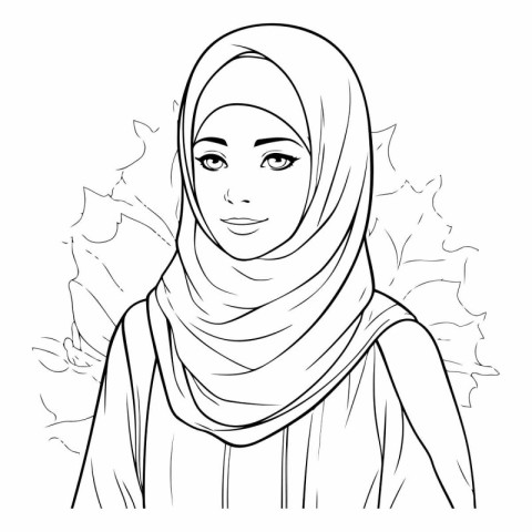 Muslim woman in hijab with maple leaves. Hand drawn vector illus